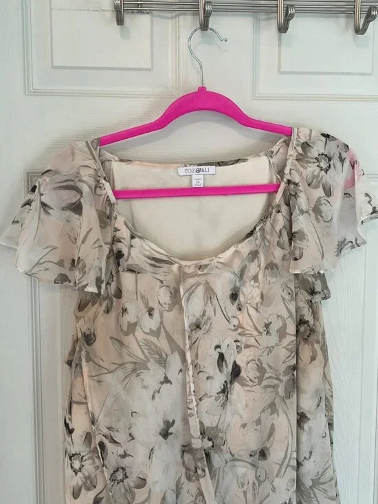 Roz & Ali Blush Pink Flutter Sleeve Floral Blouse 2X Tunic Top Fairy Lined - Picture 2 of 10